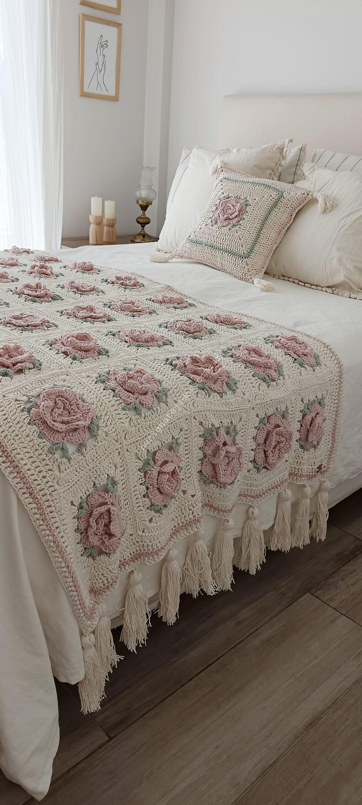 Manta ROSES 0.75x1.80 más Flecos o Borlas- con Flores Rosa Viejo- DISPONIBLE - Imagen 2