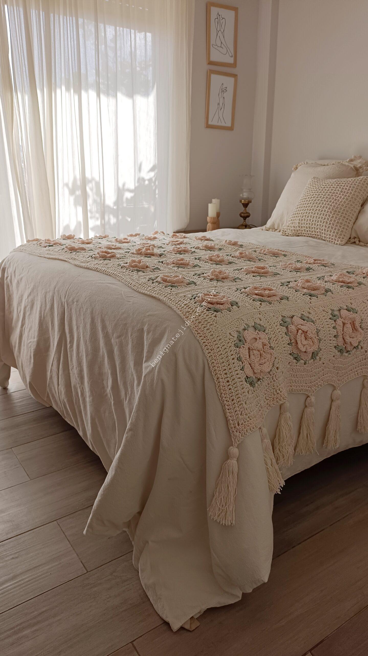 Manta ROSES 0.75x1.80 más Flecos o Borlas- con Flores Rosa chic- DISPONIBLE