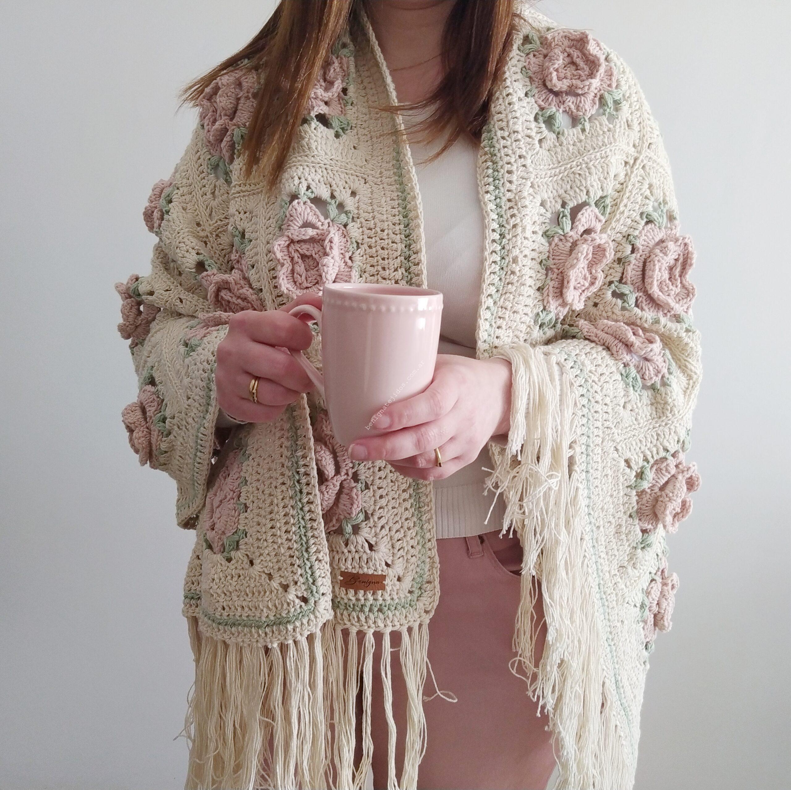 Manta ROSES 0.75x1.40 más flecos o borlas -con flores Rosa Chic DISPONIBLE - Imagen 5